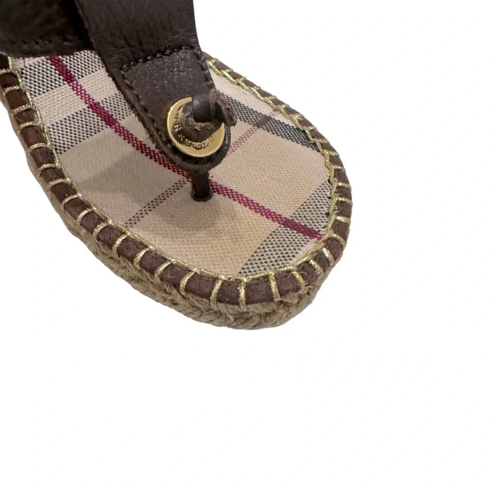 Burberry Nova Check‎ Brown Leather Espadrille Wedge Slides Sandals